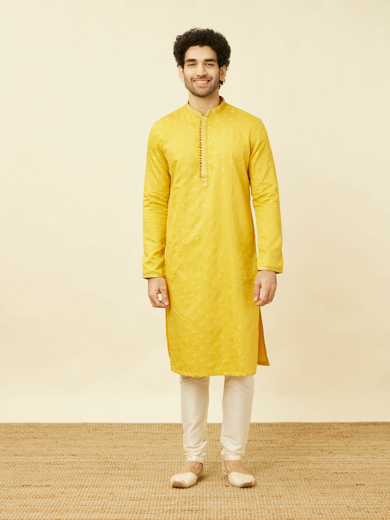 Manyavar Men Sunrise Orange Floral Spot Patterned Kurta Set