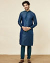 alt message - Manyavar Men Cobalt Blue Medallion Patterned Kurta Set image number 2