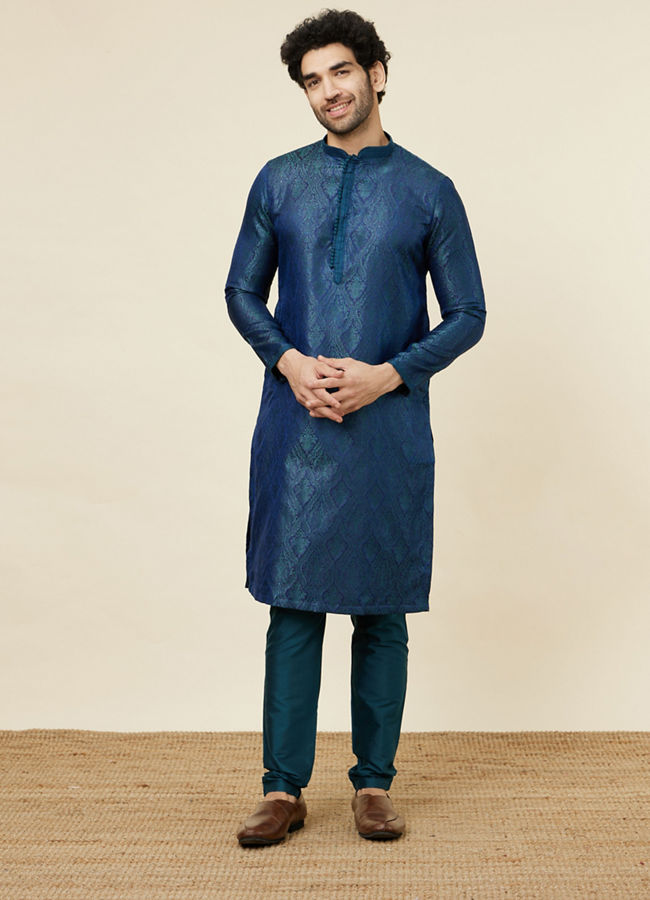 Manyavar Men Cobalt Blue Medallion Patterned Kurta Set