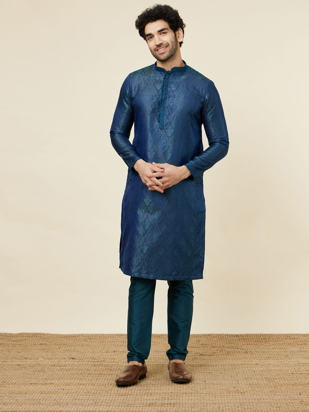 Manyavar Men Cobalt Blue Medallion Patterned Kurta Set