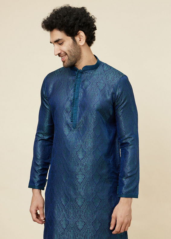 Manyavar Men Cobalt Blue Medallion Patterned Kurta Set
