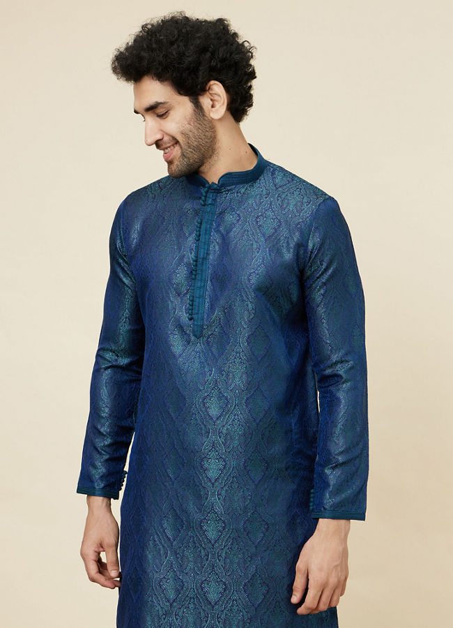 alt message - Manyavar Men Cobalt Blue Medallion Patterned Kurta Set image number 0