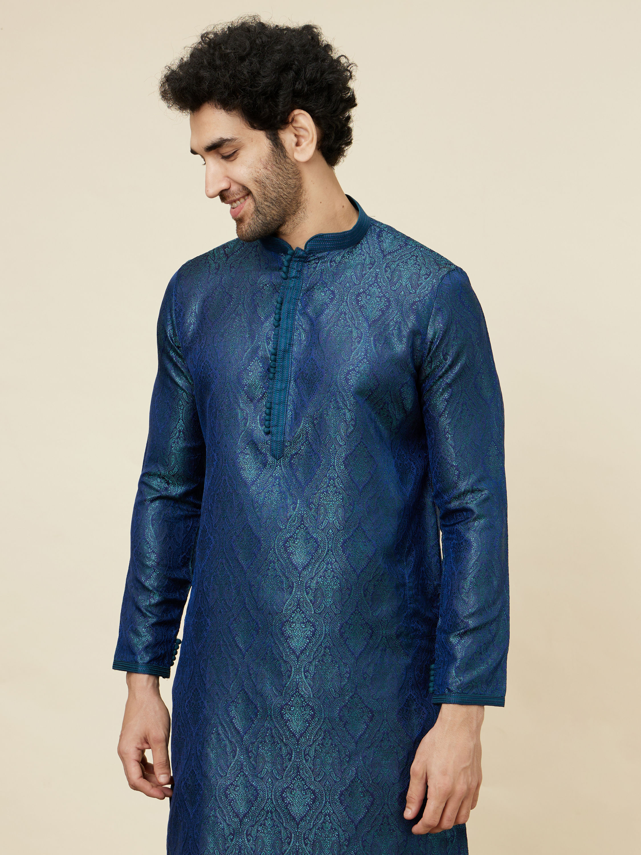 Manyavar Men Cobalt Blue Medallion Patterned Kurta Set