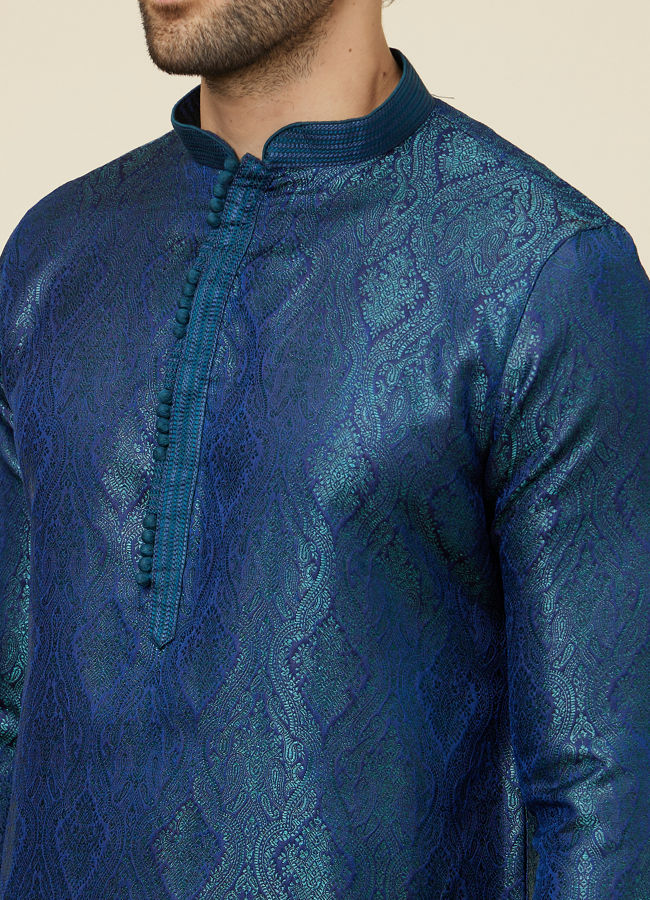 alt message - Manyavar Men Cobalt Blue Medallion Patterned Kurta Set image number 1