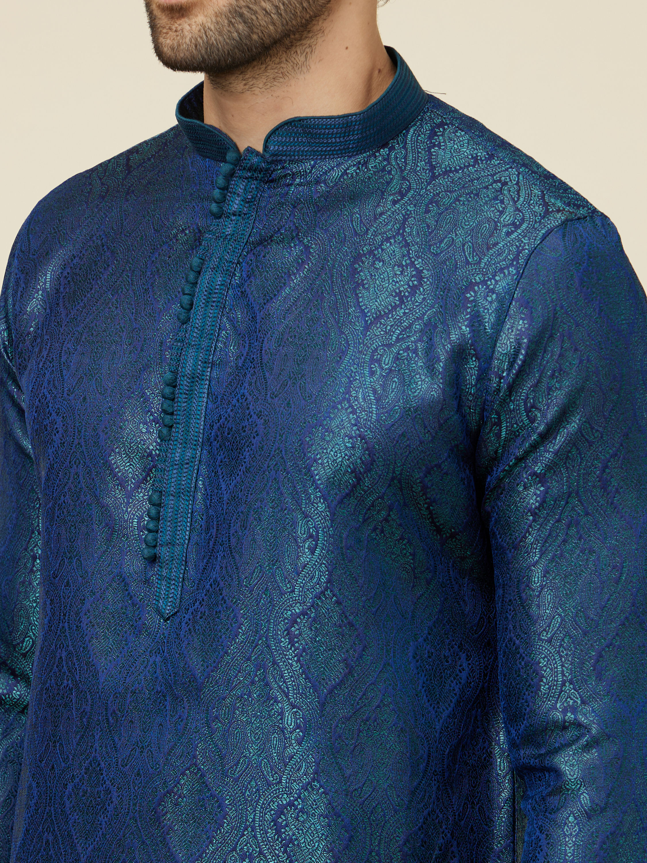 Manyavar Men Cobalt Blue Medallion Patterned Kurta Set