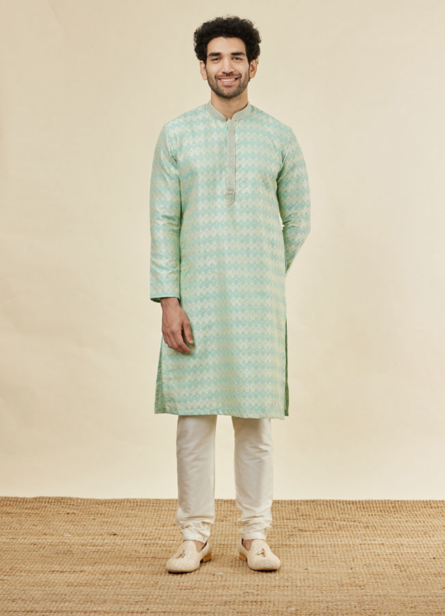 Manyavar Men Sea Green Flower Bud Patterned Kurta Set image number 2