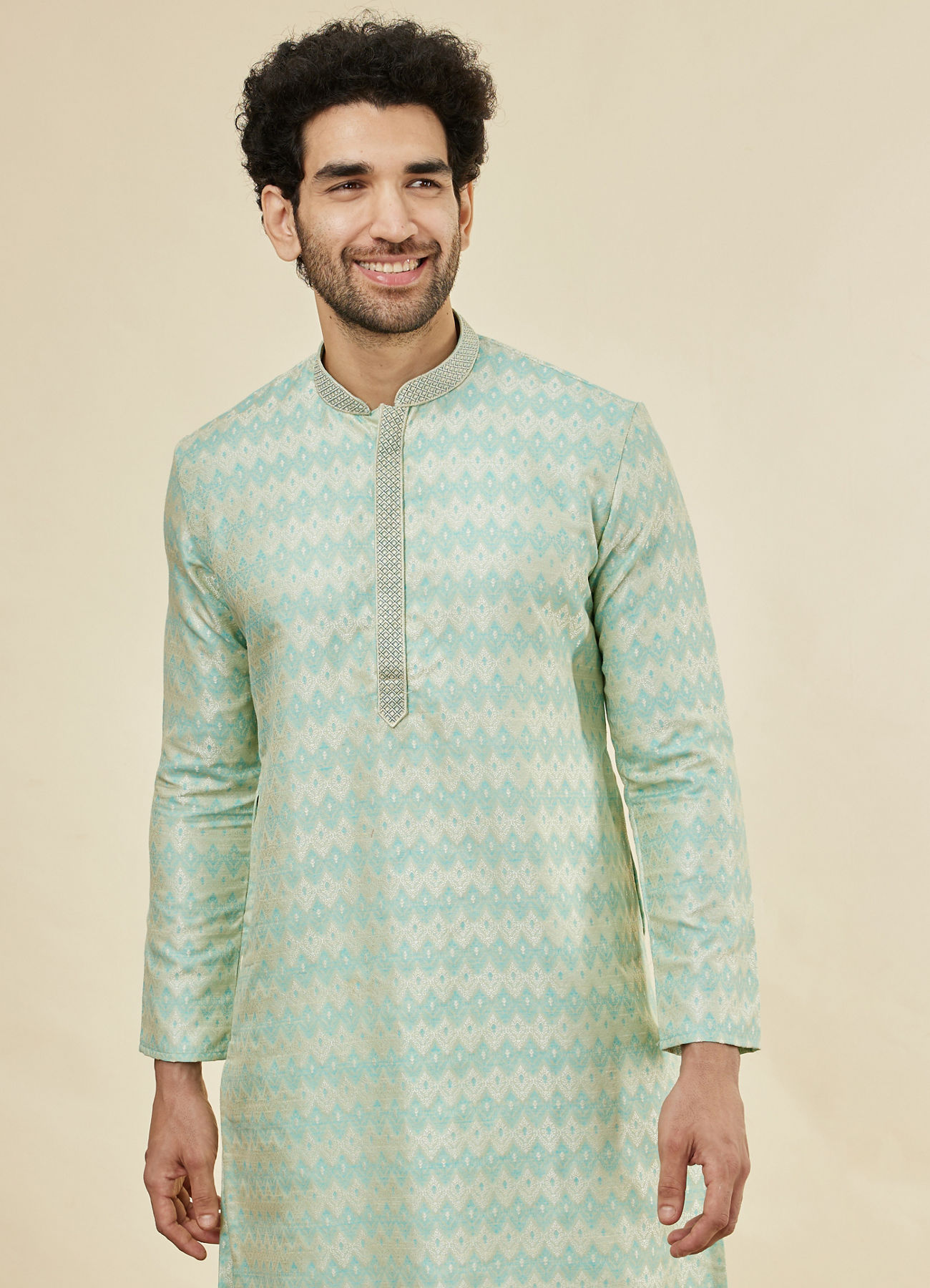 Manyavar Men Sea Green Flower Bud Patterned Kurta Set