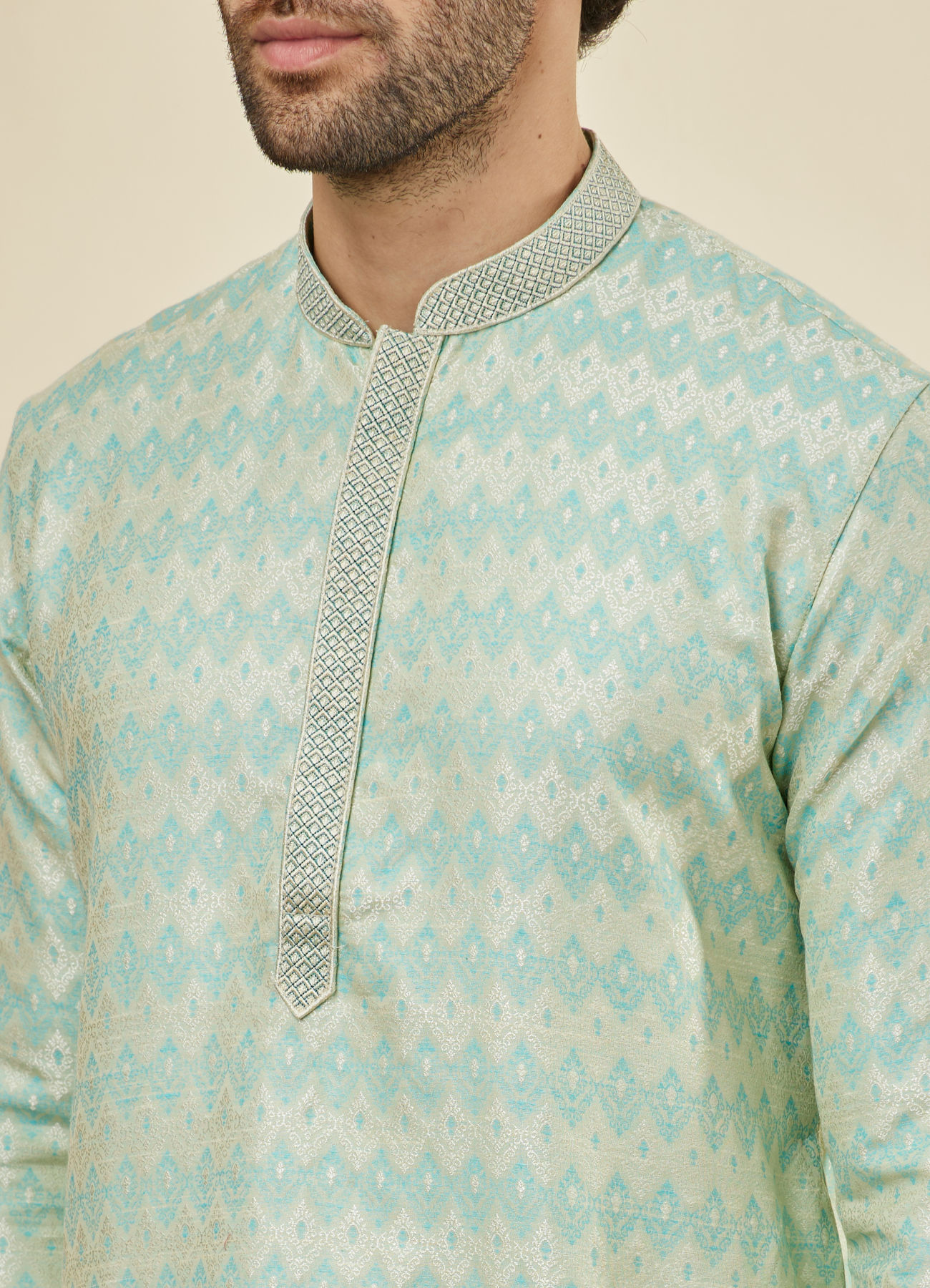 Manyavar Men Sea Green Flower Bud Patterned Kurta Set