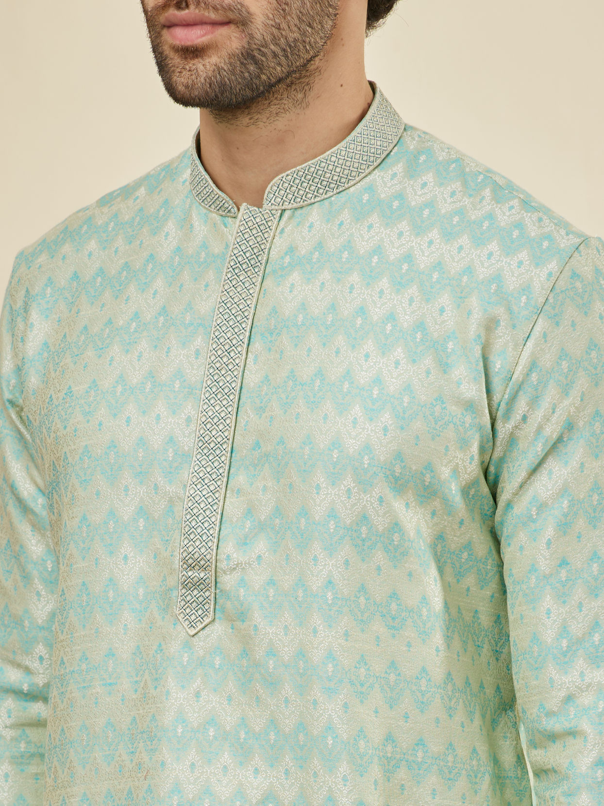 Manyavar Men Sea Green Flower Bud Patterned Kurta Set image number 1