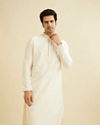Cream Beige Plain Classic Kurta Set with Embroidered Neckline