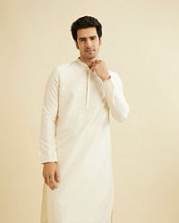 Manyavar Men Cream Beige Plain Classic Kurta Set with Embroidered Neckline