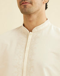 Manyavar Men Cream Beige Plain Classic Kurta Set with Embroidered Neckline