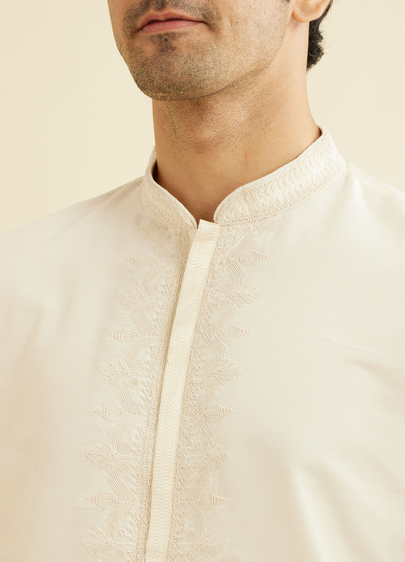 Manyavar Men Cream Beige Plain Classic Kurta Set with Embroidered Neckline