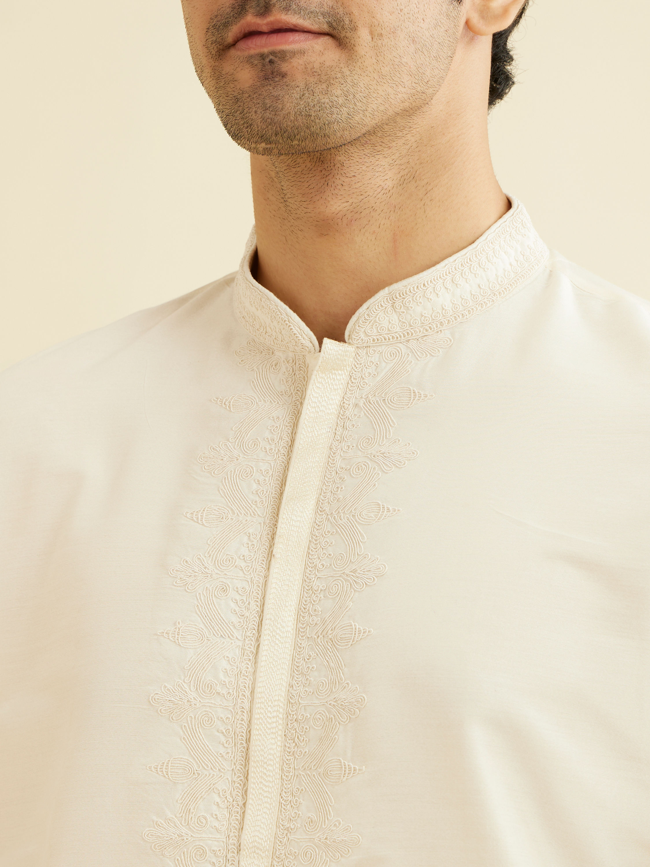 Manyavar Men Cream Beige Plain Classic Kurta Set with Embroidered Neckline
