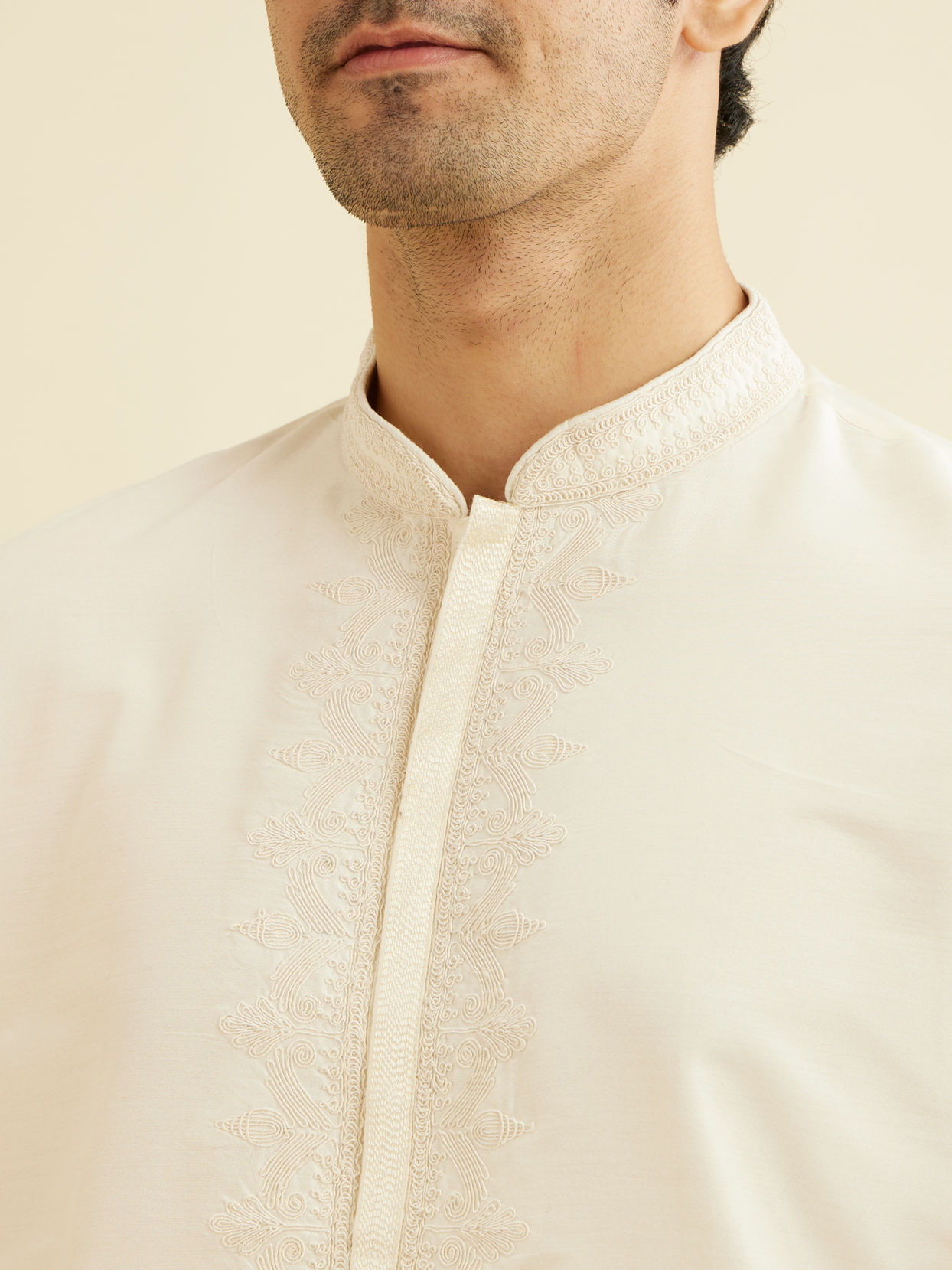 Manyavar Men Cream Beige Plain Classic Kurta Set with Embroidered Neckline