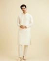 Manyavar Men Cream Beige Plain Classic Kurta Set with Embroidered Neckline