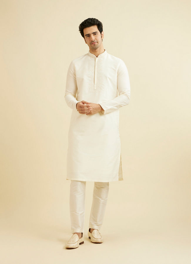 Manyavar Men Cream Beige Plain Classic Kurta Set with Embroidered Neckline