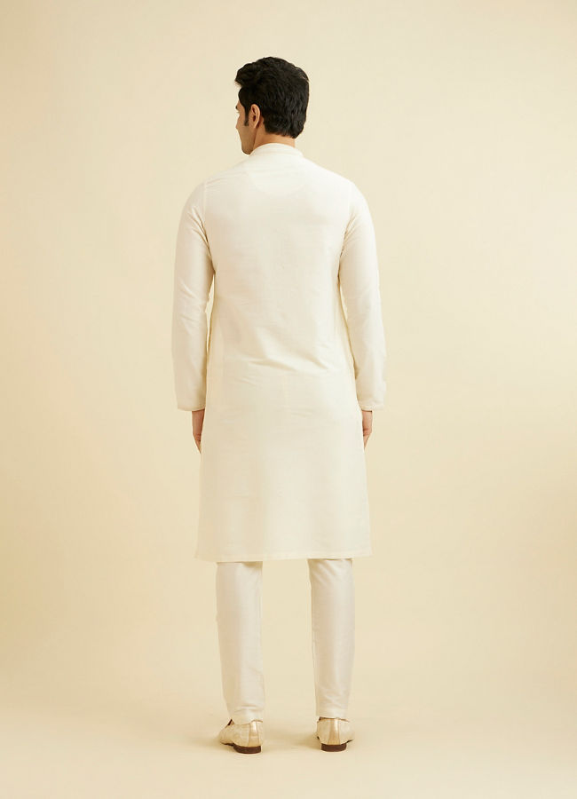 Manyavar Men Cream Beige Plain Classic Kurta Set with Embroidered Neckline