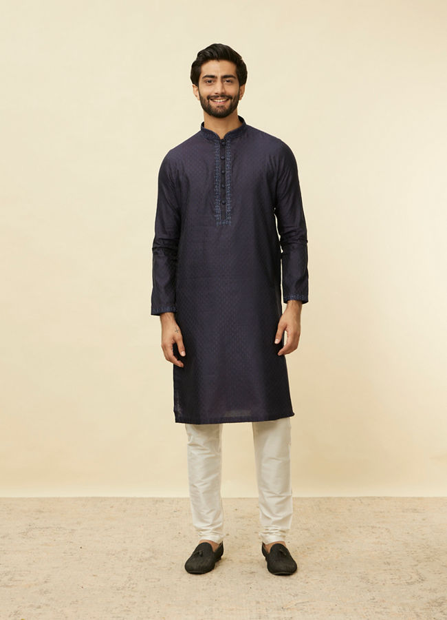 Manyavar Men Midnight Blue Embroidered Neckline Kurta Set