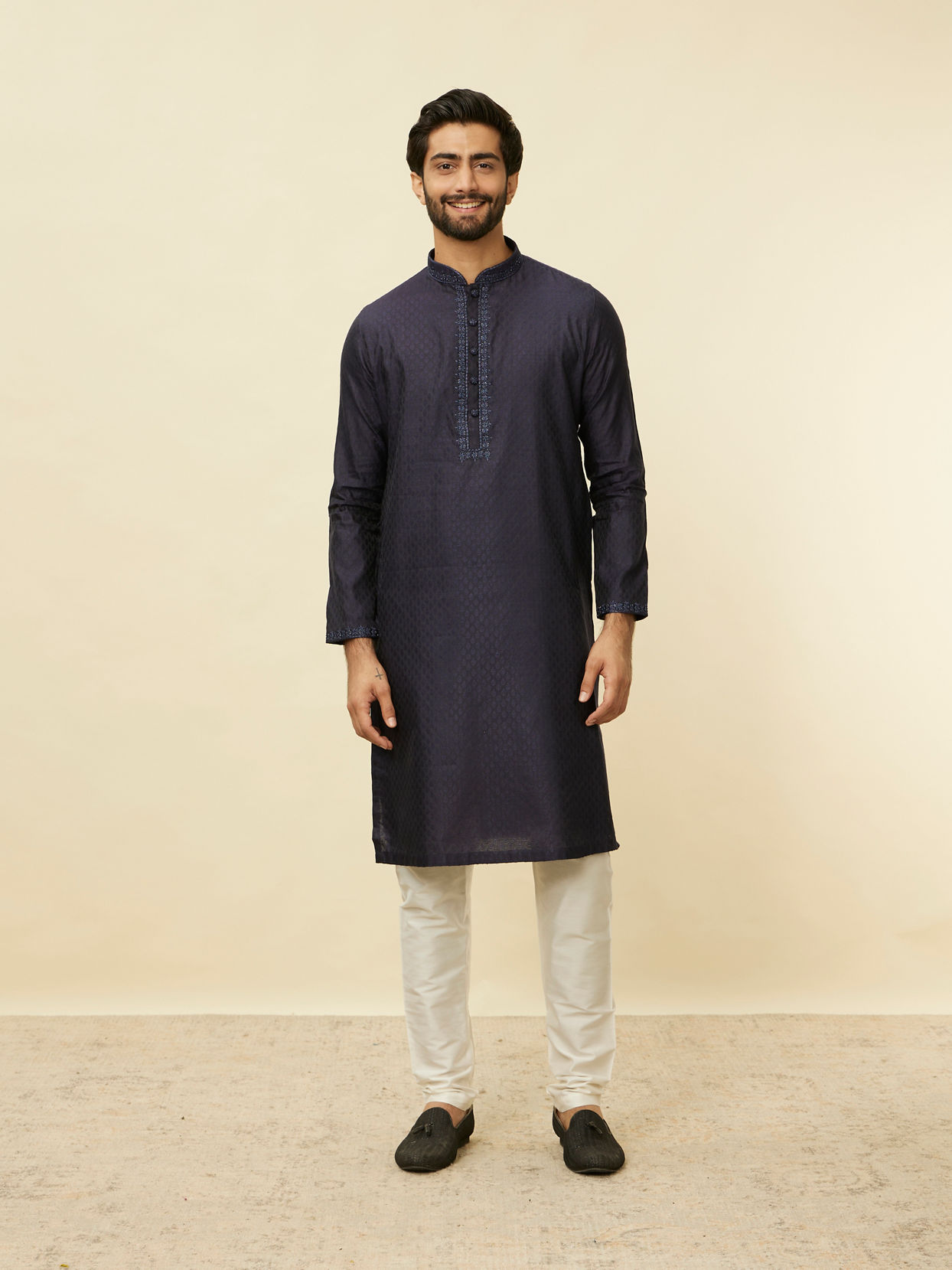 Manyavar Men Midnight Blue Embroidered Neckline Kurta Set