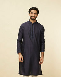 Manyavar Men Midnight Blue Embroidered Neckline Kurta Set
