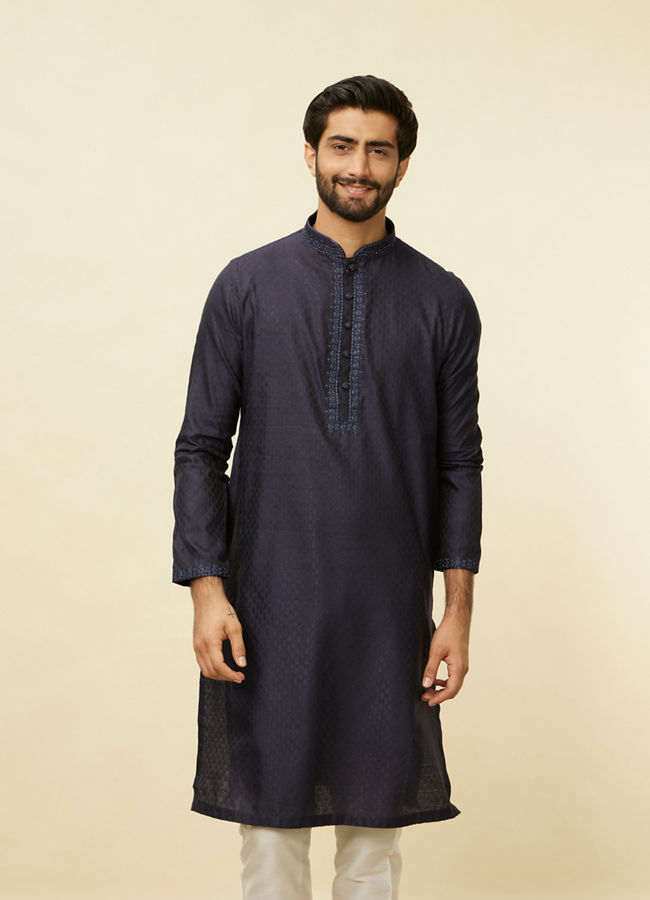 Manyavar Men Midnight Blue Embroidered Neckline Kurta Set