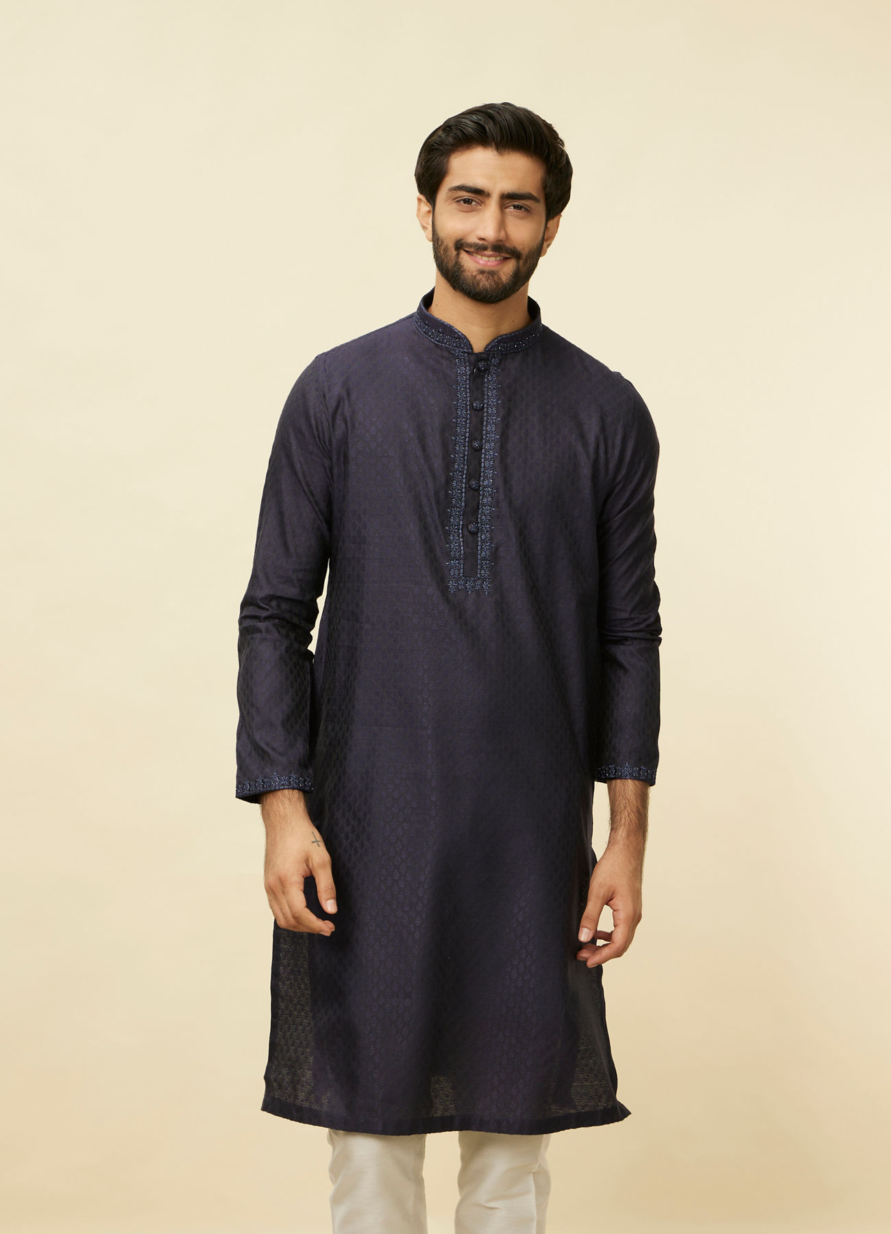 Manyavar Men Midnight Blue Embroidered Neckline Kurta Set