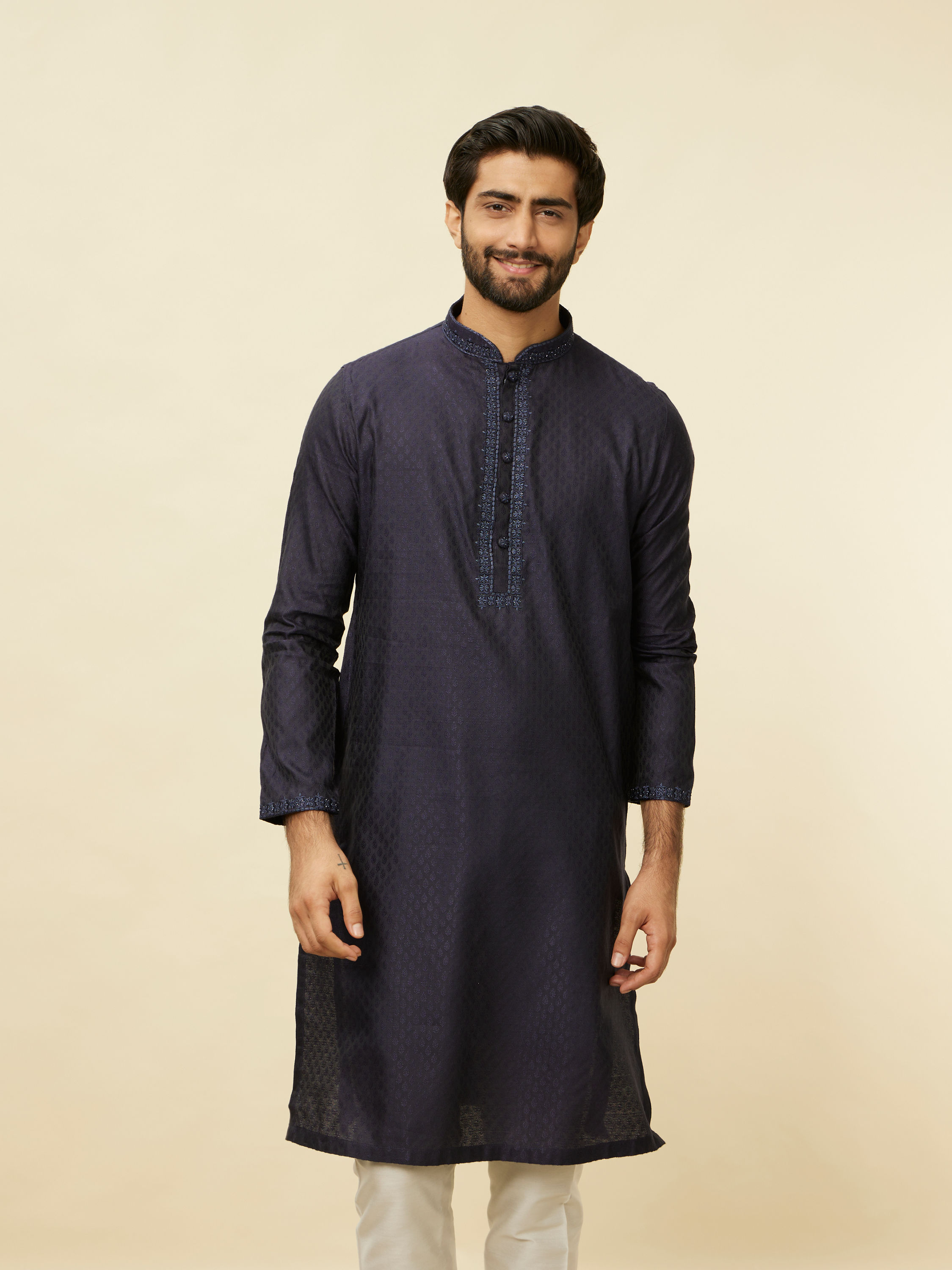 Manyavar Men Midnight Blue Embroidered Neckline Kurta Set