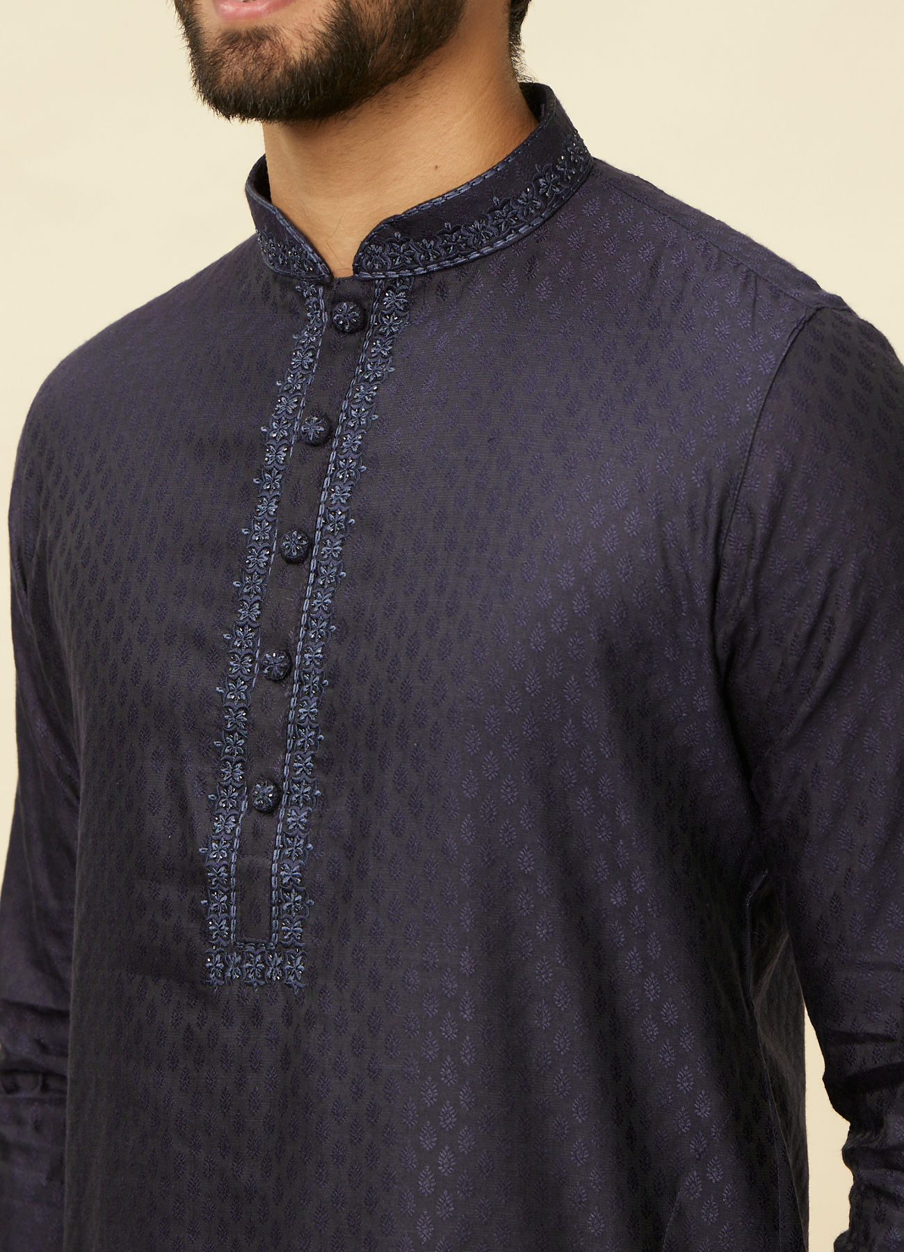 Manyavar Men Midnight Blue Embroidered Neckline Kurta Set