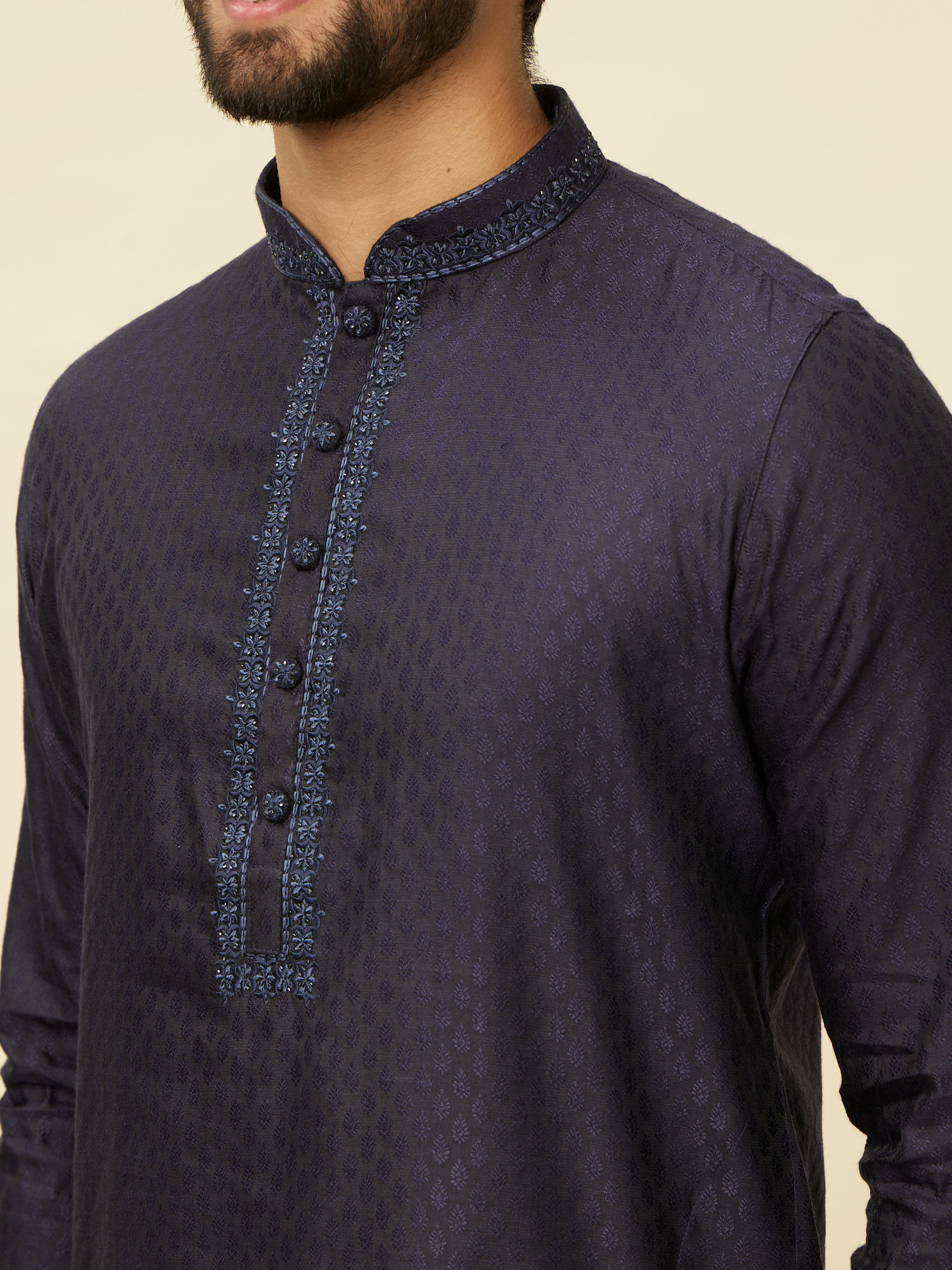 Manyavar Men Midnight Blue Embroidered Neckline Kurta Set