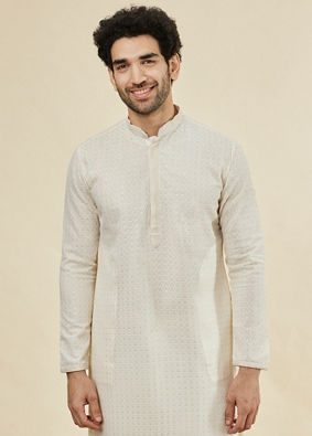 Manyavar Men Jasmine White Chikankari Embroidered Kurta Set image number 0