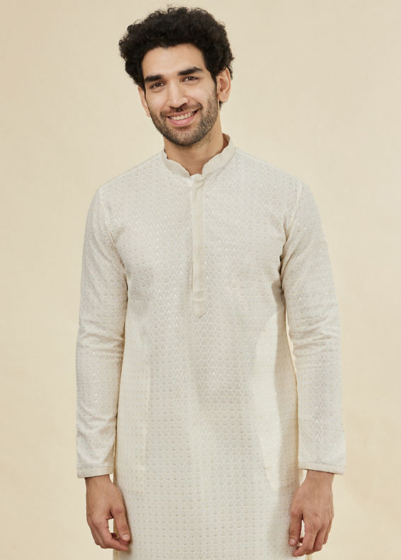 Manyavar Men Jasmine White Chikankari Embroidered Kurta Set