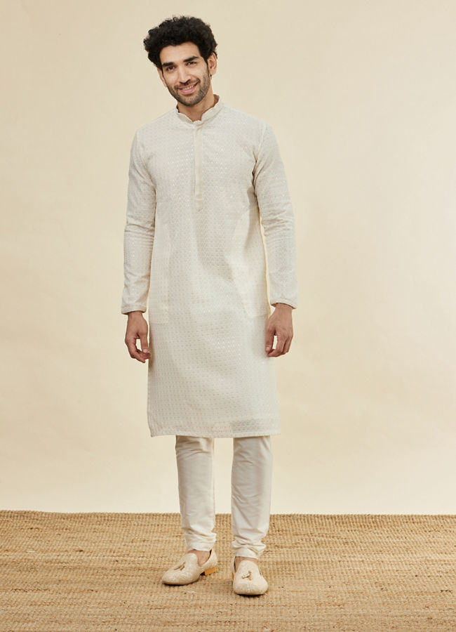 Manyavar Men Jasmine White Chikankari Embroidered Kurta Set