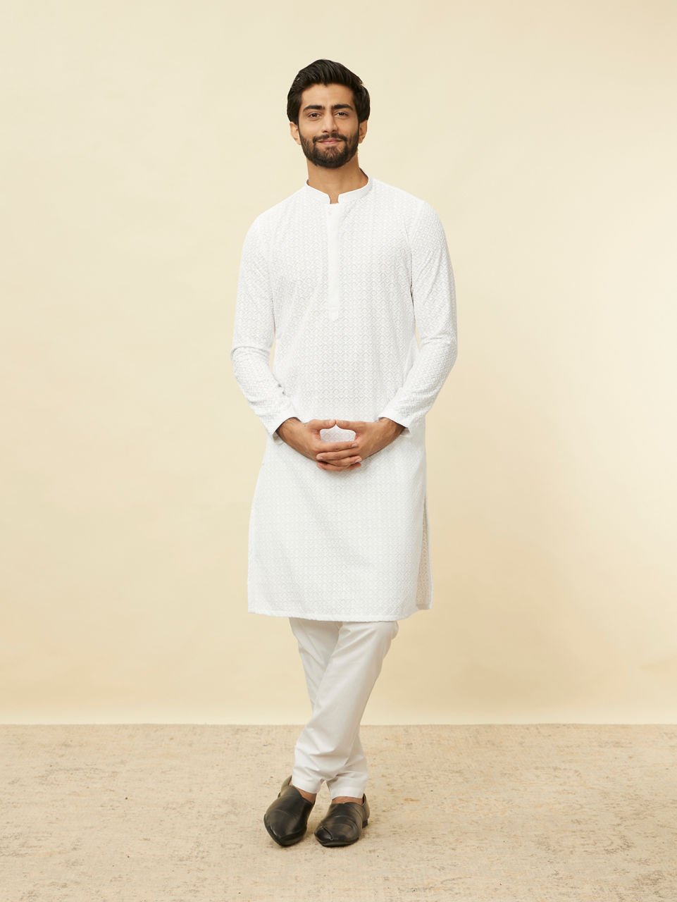 Manyavar Men Pristine White Chikankari Kurta Set