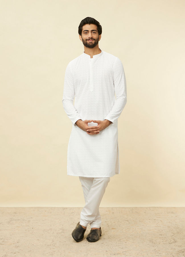 Manyavar Men Pristine White Chikankari Kurta Set