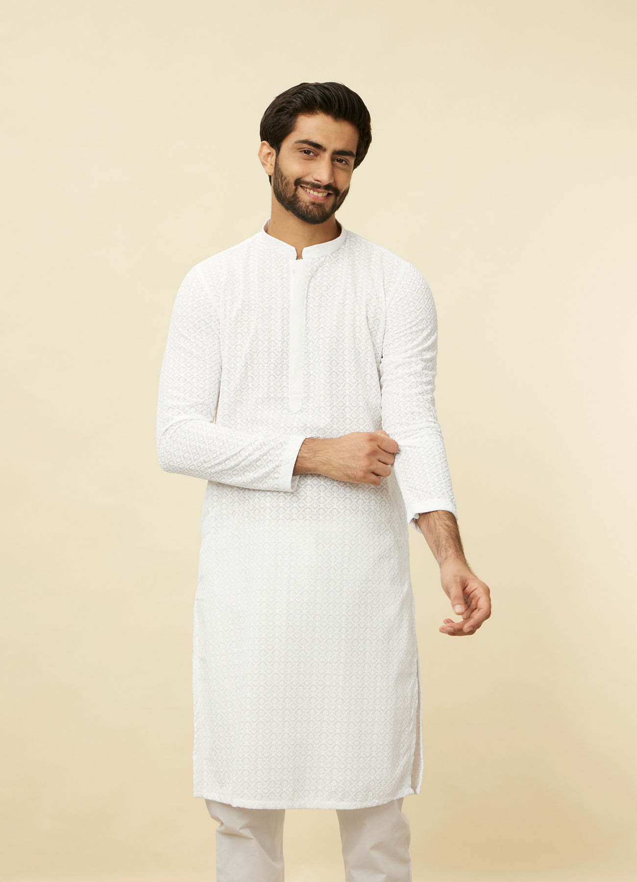 Manyavar Men Pristine White Chikankari Kurta Set