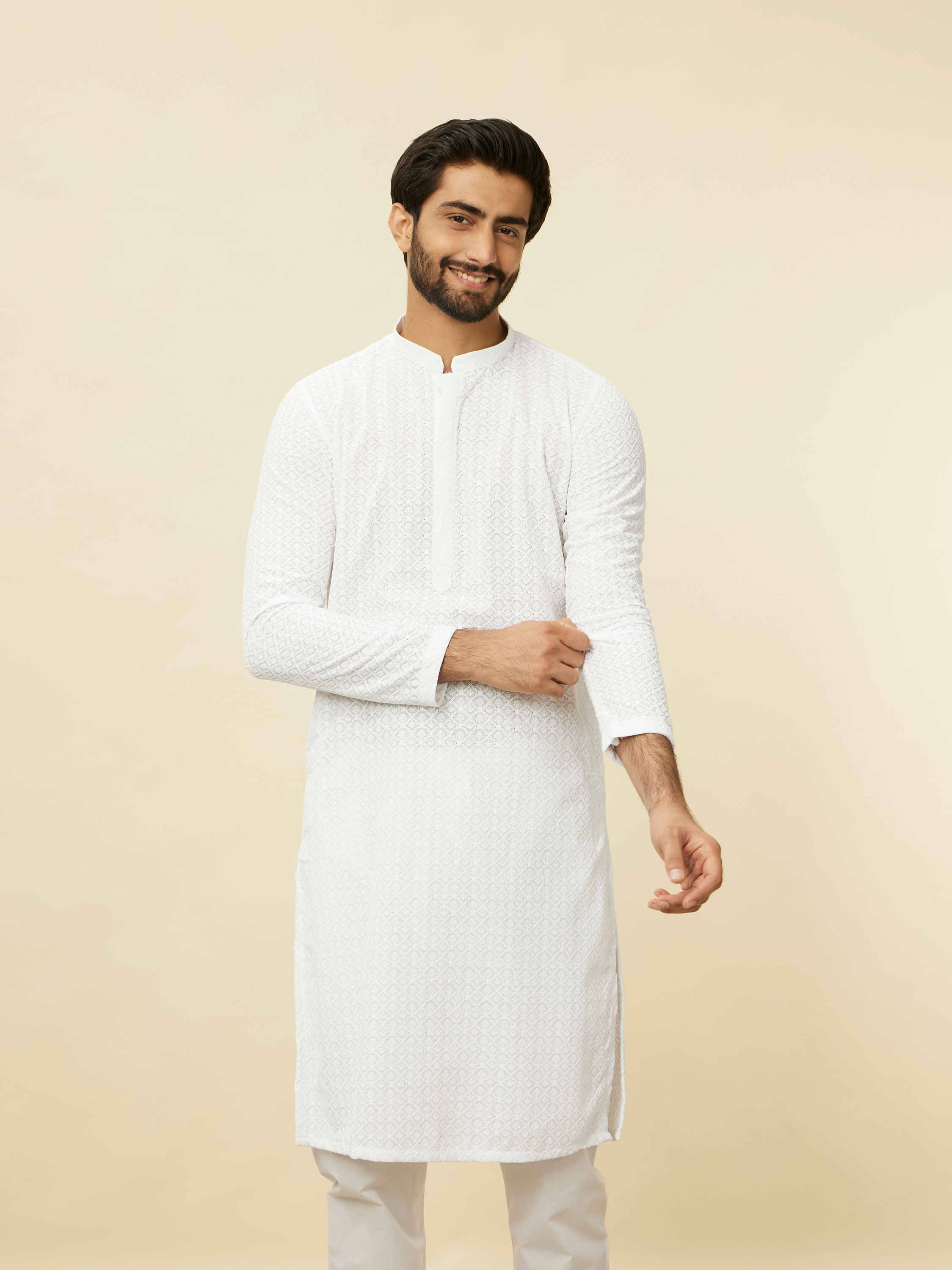 Manyavar Men Pristine White Chikankari Kurta Set