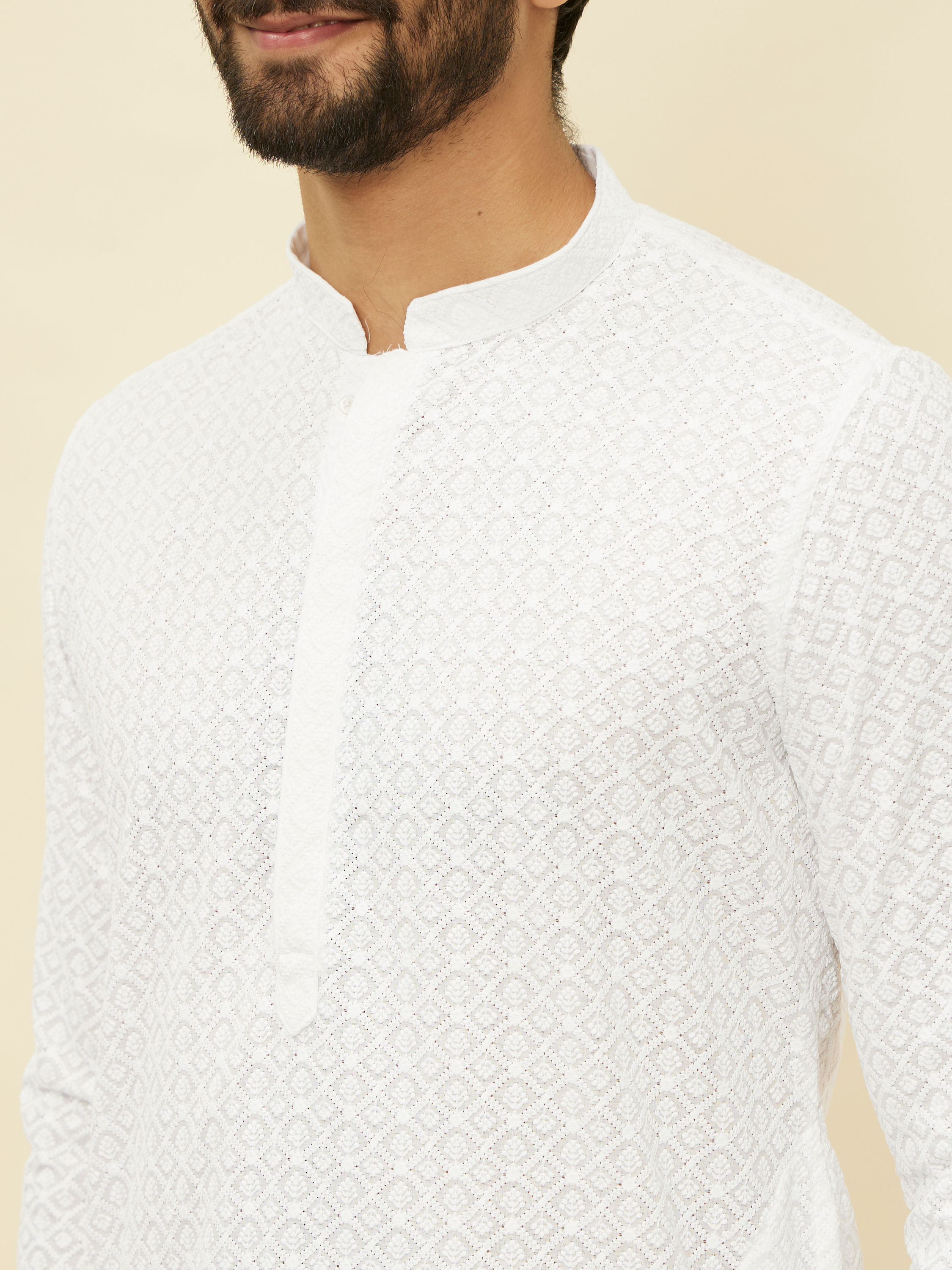 Manyavar Men Pristine White Chikankari Kurta Set