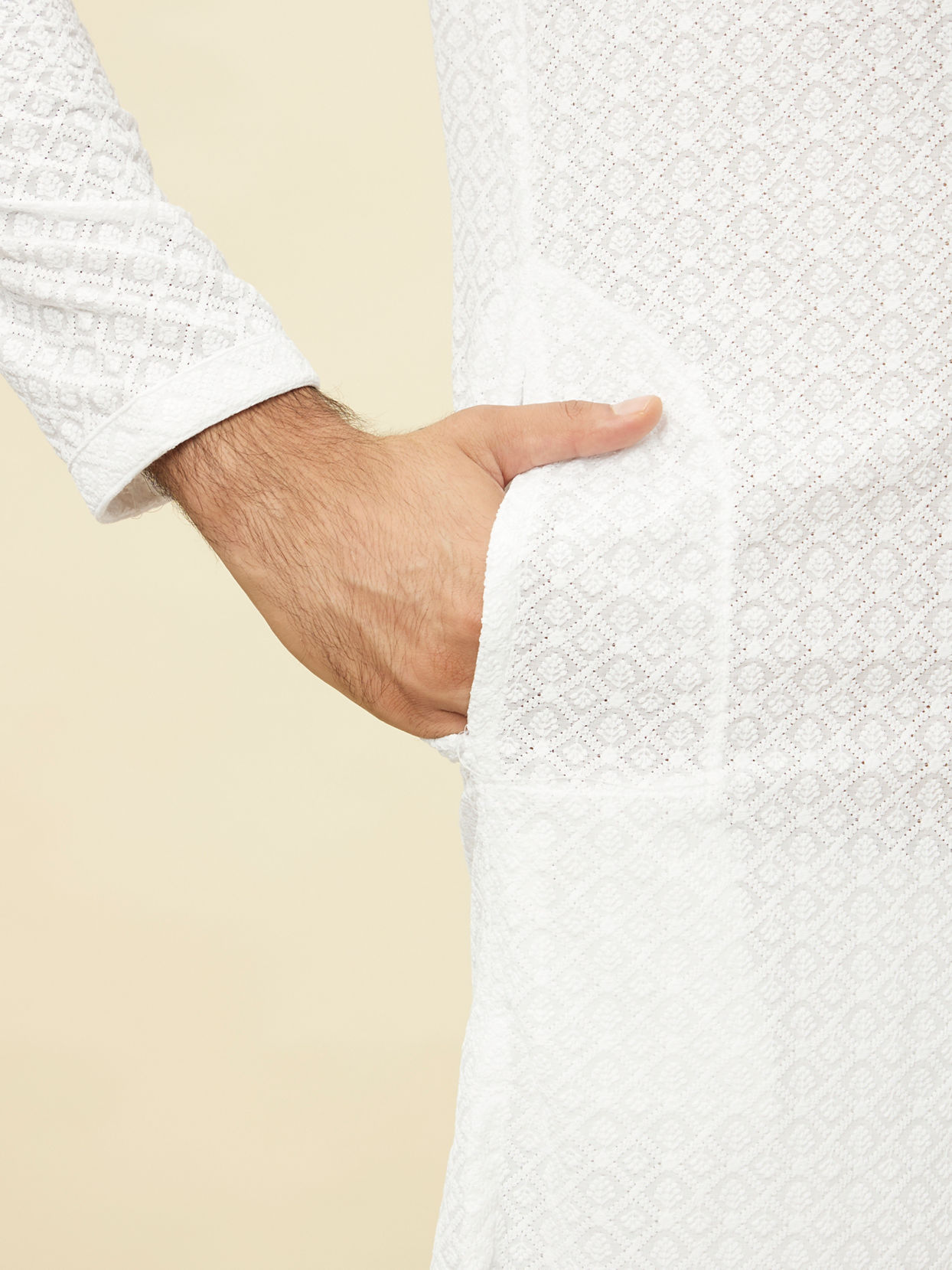 Manyavar Men Pristine White Chikankari Kurta Set
