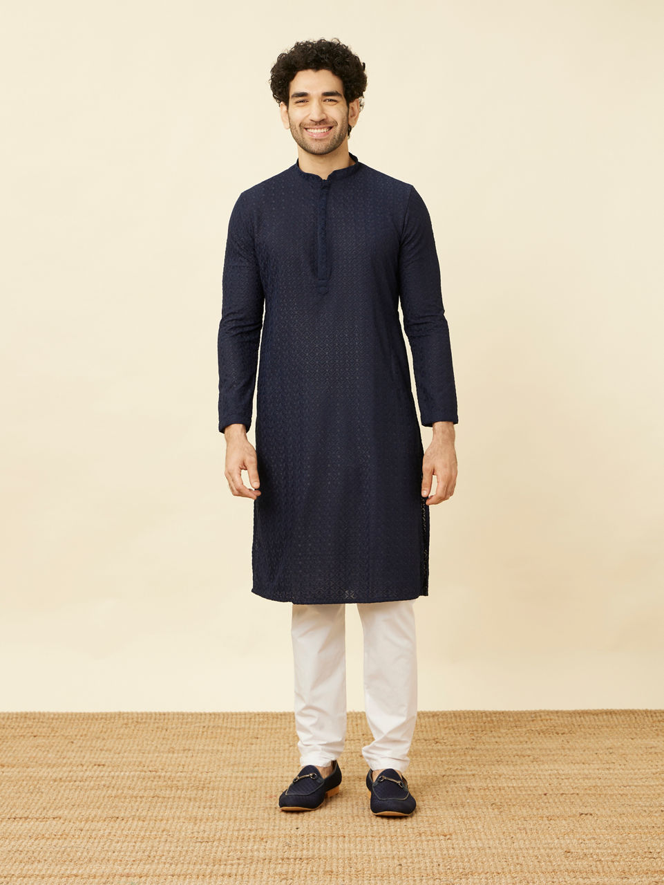 Manyavar Men Navy Blue Diamond Chikankari Patterned Kurta Set