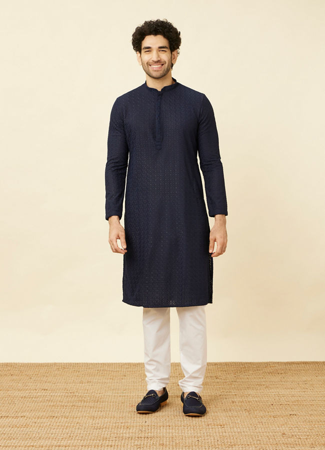 Manyavar Men Navy Blue Diamond Chikankari Patterned Kurta Set