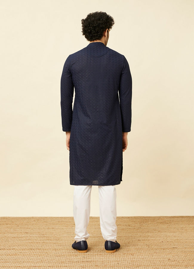 Manyavar Men Navy Blue Diamond Chikankari Patterned Kurta Set
