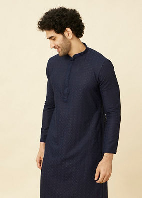 Manyavar Men Navy Blue Diamond Chikankari Patterned Kurta Set