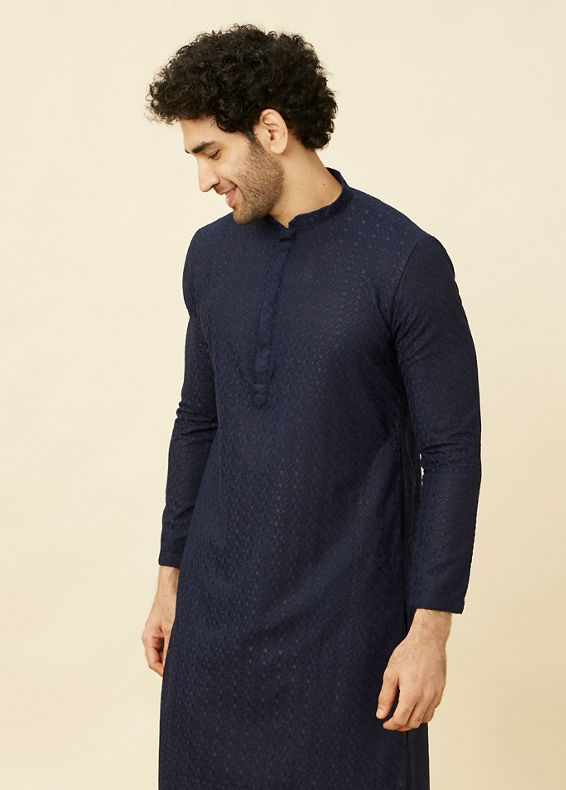 Manyavar Men Navy Blue Diamond Chikankari Patterned Kurta Set