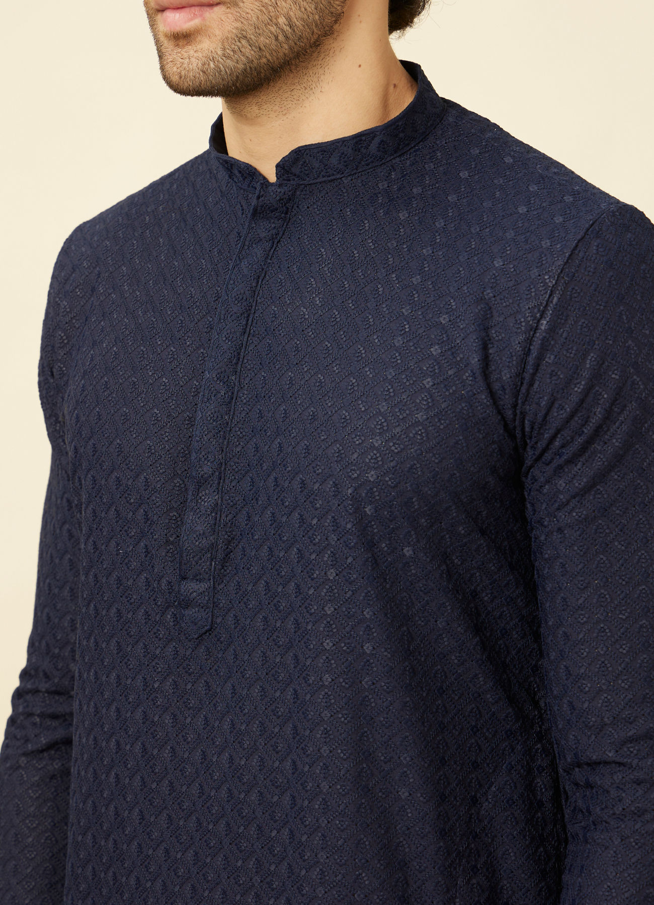 Manyavar Men Navy Blue Diamond Chikankari Patterned Kurta Set