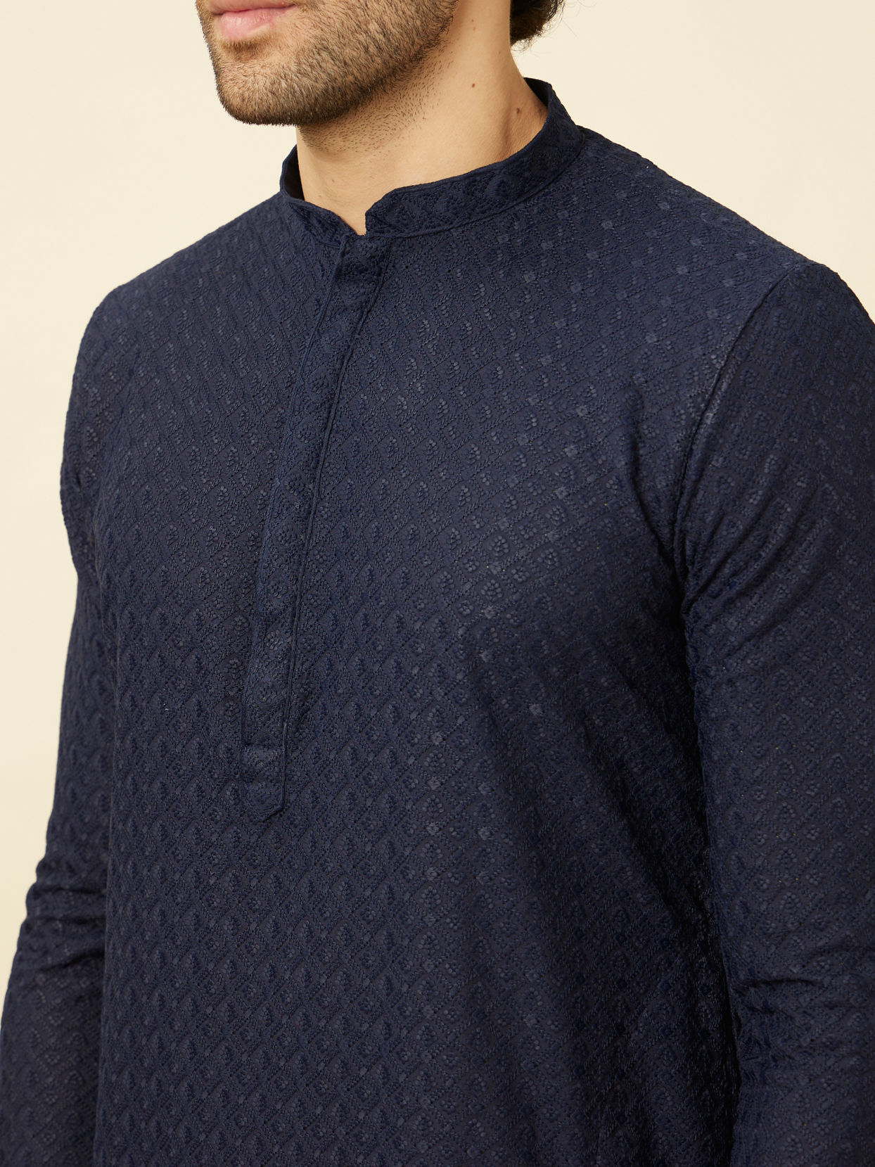 Manyavar Men Navy Blue Diamond Chikankari Patterned Kurta Set
