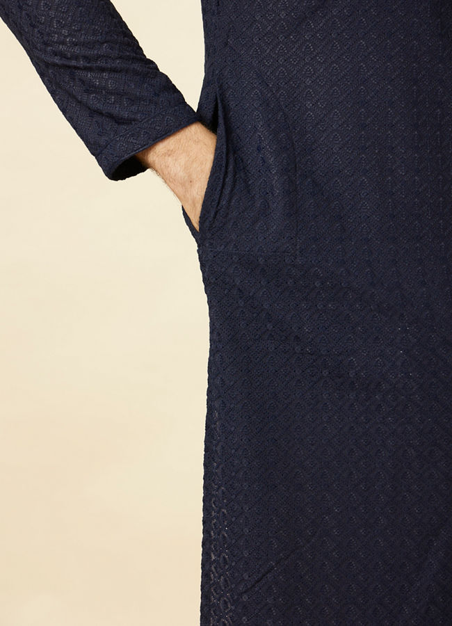 Manyavar Men Navy Blue Diamond Chikankari Patterned Kurta Set