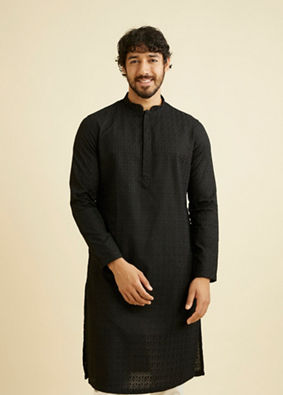 alt message - Manyavar Men Black Self Embroidered Kurta Pajama image number 0