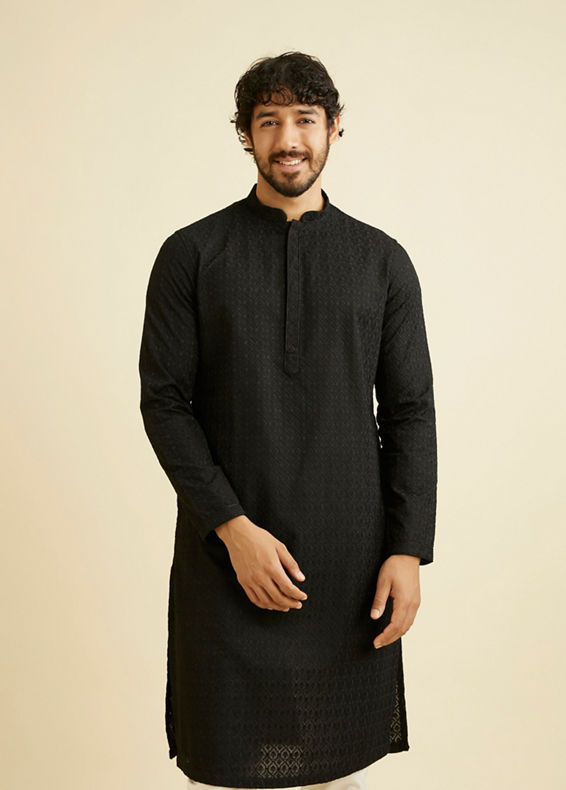 Manyavar Men Black Self Embroidered Kurta Pajama