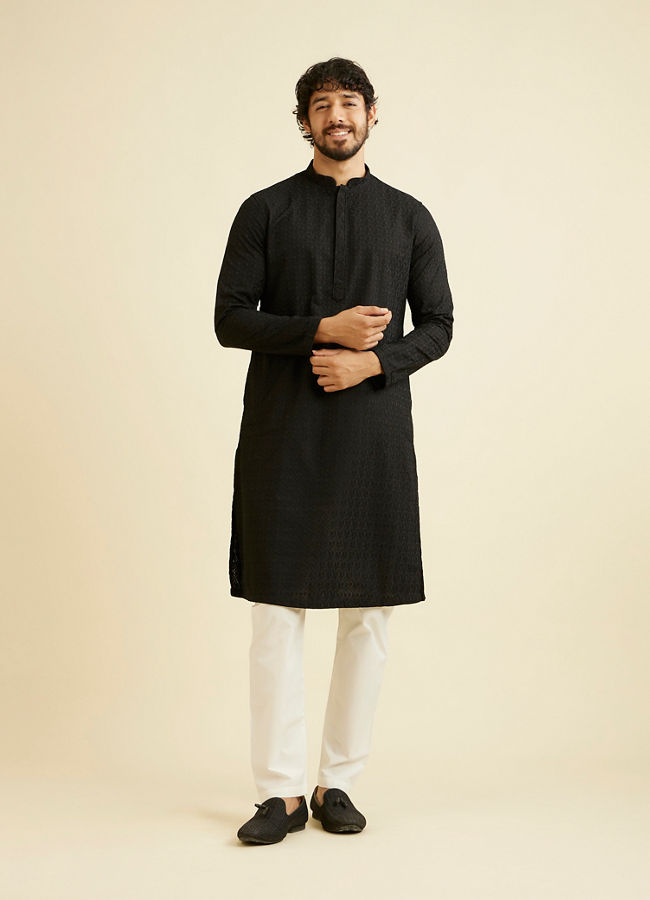 alt message - Manyavar Men Black Self Embroidered Kurta Pajama image number 2